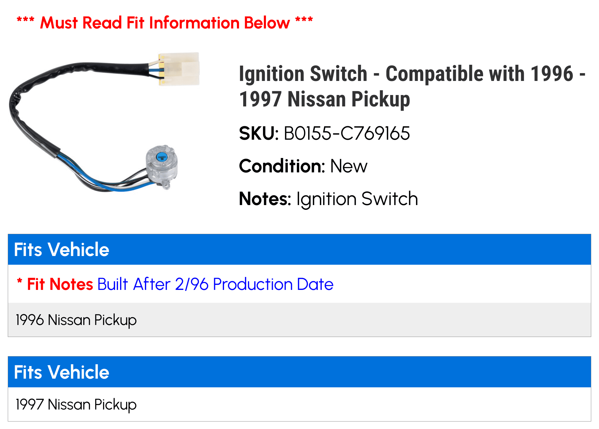 Ignition Switch - Compatible with 1996 - 1997 Nissan Pickup