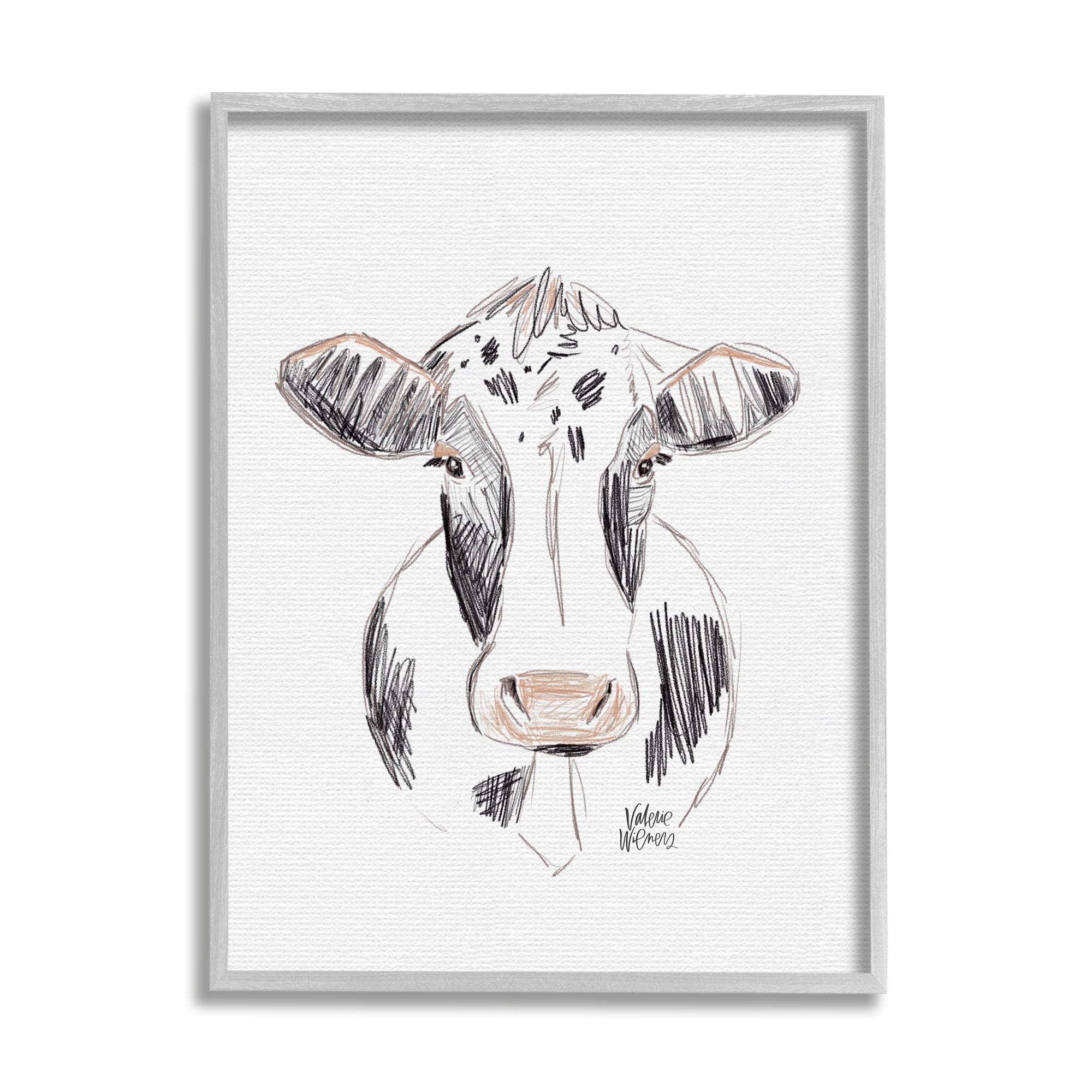Stupell Industries Dairy Cow Farm Animal Sketch Style Drawing Drawing Print Gray Framed Art Print Wall Art, Design by Valerie Wieners