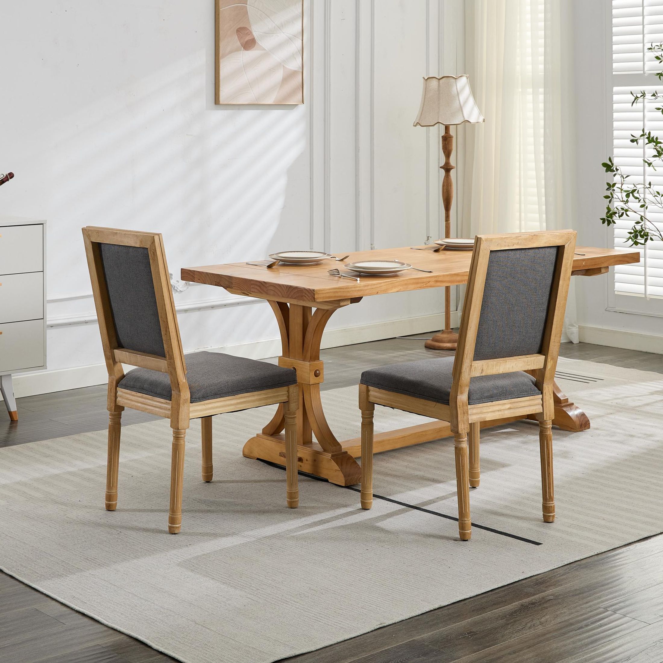 GDF Studio French Dining Chairs Set of 2 with Upholstered Backrest, Solid Rubberwood Frame, Gray