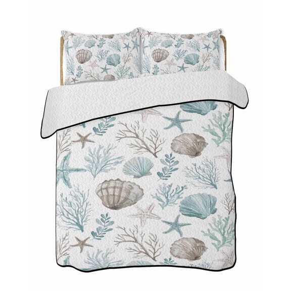 Twin Quilt Bedding Set, Beach Coastal Reversible Summer Quilt 3 Pieces, Ocean Nautical Starfish Coral Seashells Lightweight Bedspreads Coverlets with 2 Pillow Shams for All Seasons