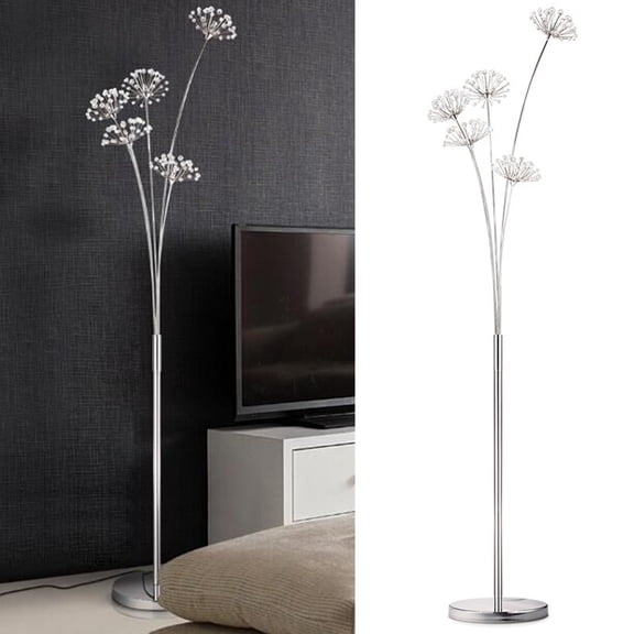 Modern Dandelion Floor Lamp – LED White Light, Adjustable Angles, Silver Stainless Steel & Crystal Design, Space-Saving, Ideal for Living Rooms & Bedrooms