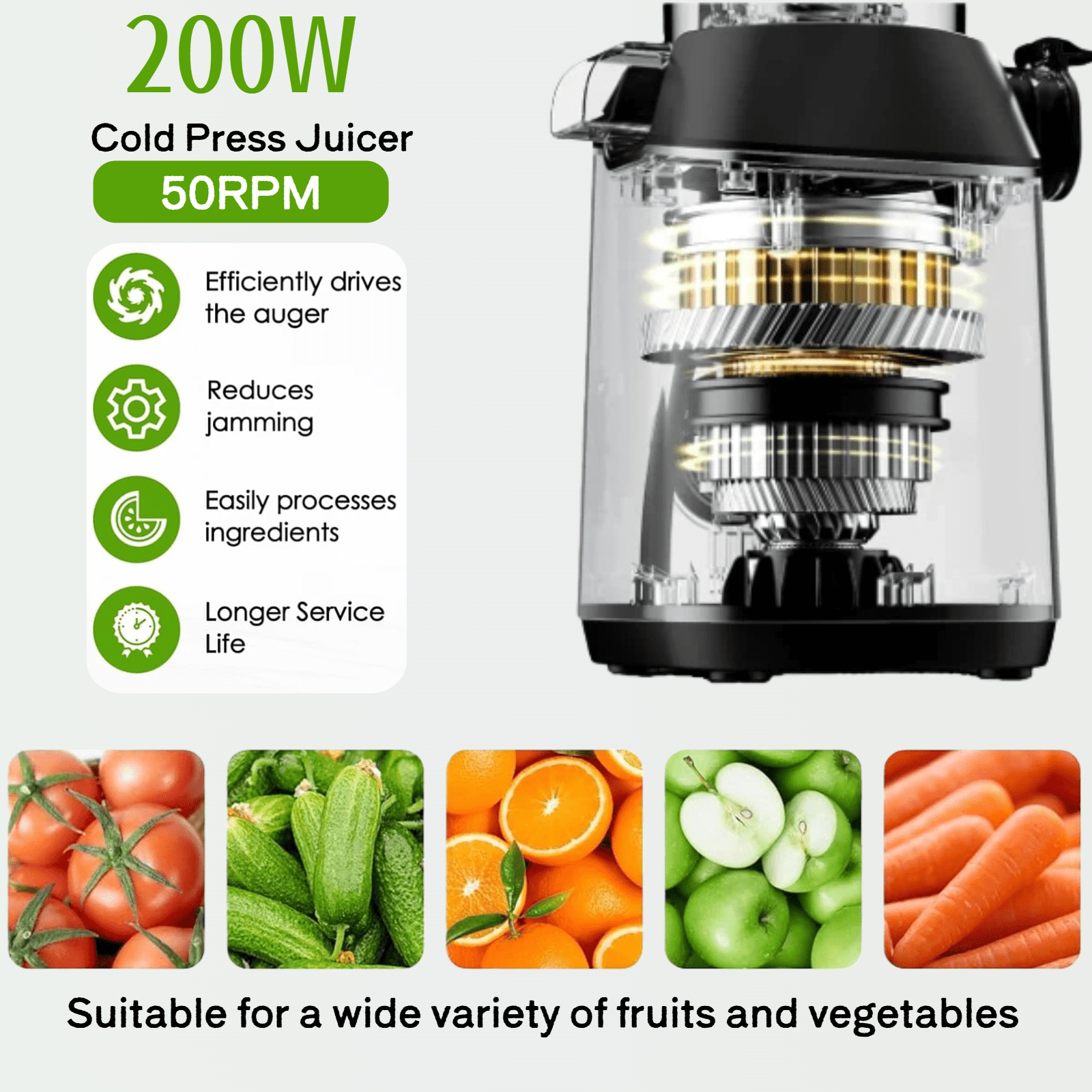 LIFERECORD Cold Press Juicer, 4.25" Extra Wide Mouth Masticating Juicer Machine, Easy to Clean Slow Juicer for Whole Fruits Vegetables, High Juice Yield, Self Feeding