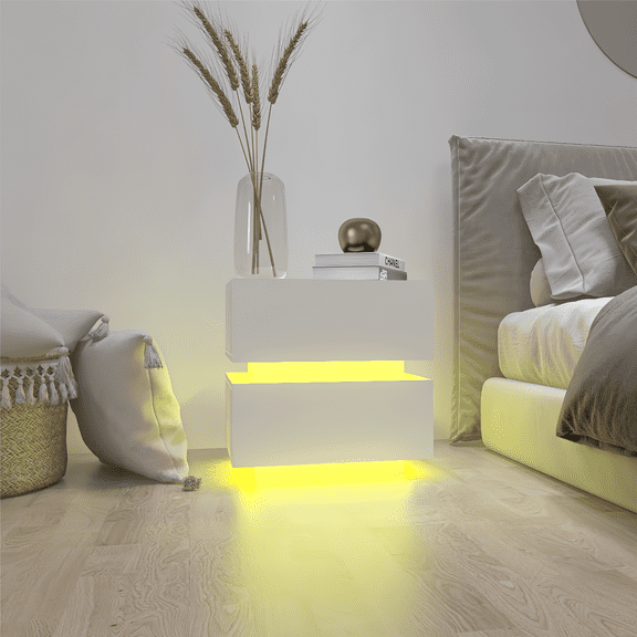 White Color High Glossy 2 Drawers Bedside Table With Rgb Led Light Nightstand With Bluetooth Control