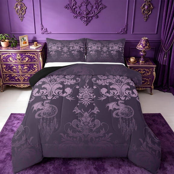 Manfei Damask Bedding Comforter Set,Gothic Flower Twin Comforter Sets,Cartoon Dragon Dreamcatcher Bedding Set,Breathable Bedroom Decorative Reversible,2-Piece