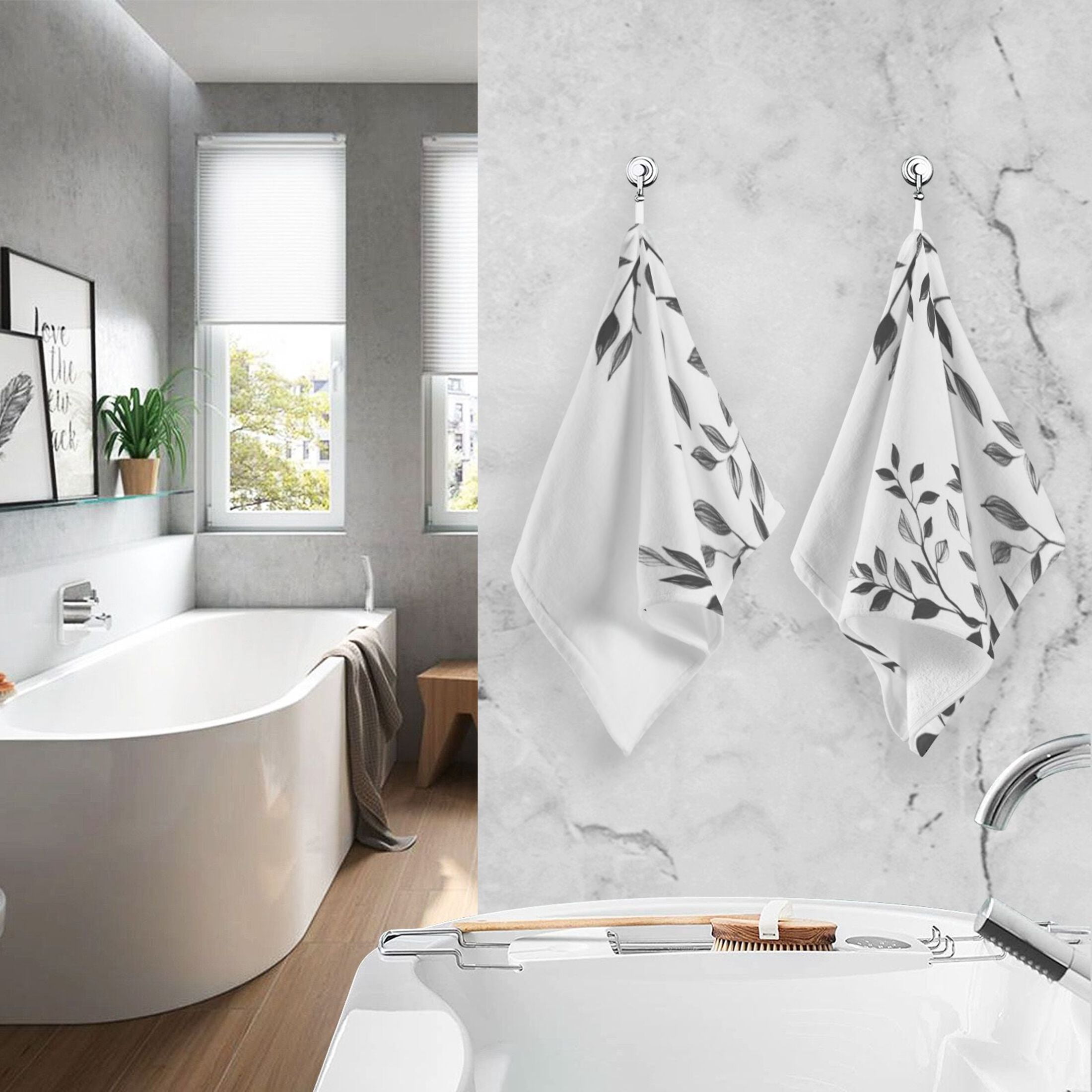 Cotton Towel Two-Piece 16x28 Inch One Sizex2 Face Towel Set Towel Set Cotton Hand Bath Towel Bathroom Beach Black Leaf Print