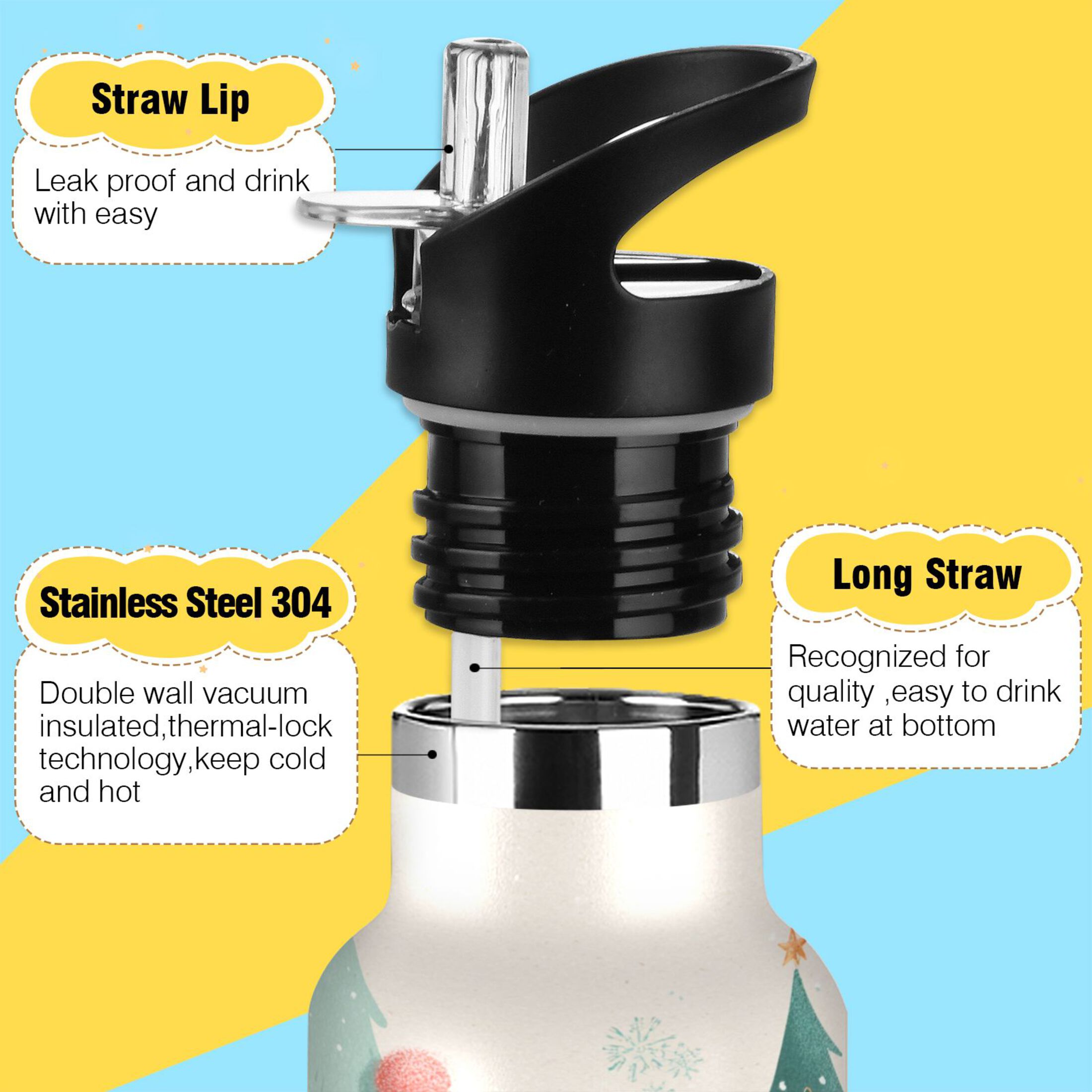 600ML Stainless Steel Insulated Cup Sports Water Bottle Portable Thermos Cup Water Glasses Insulated Tumblers Convenient and Durable Watercolor Christmas Snowman