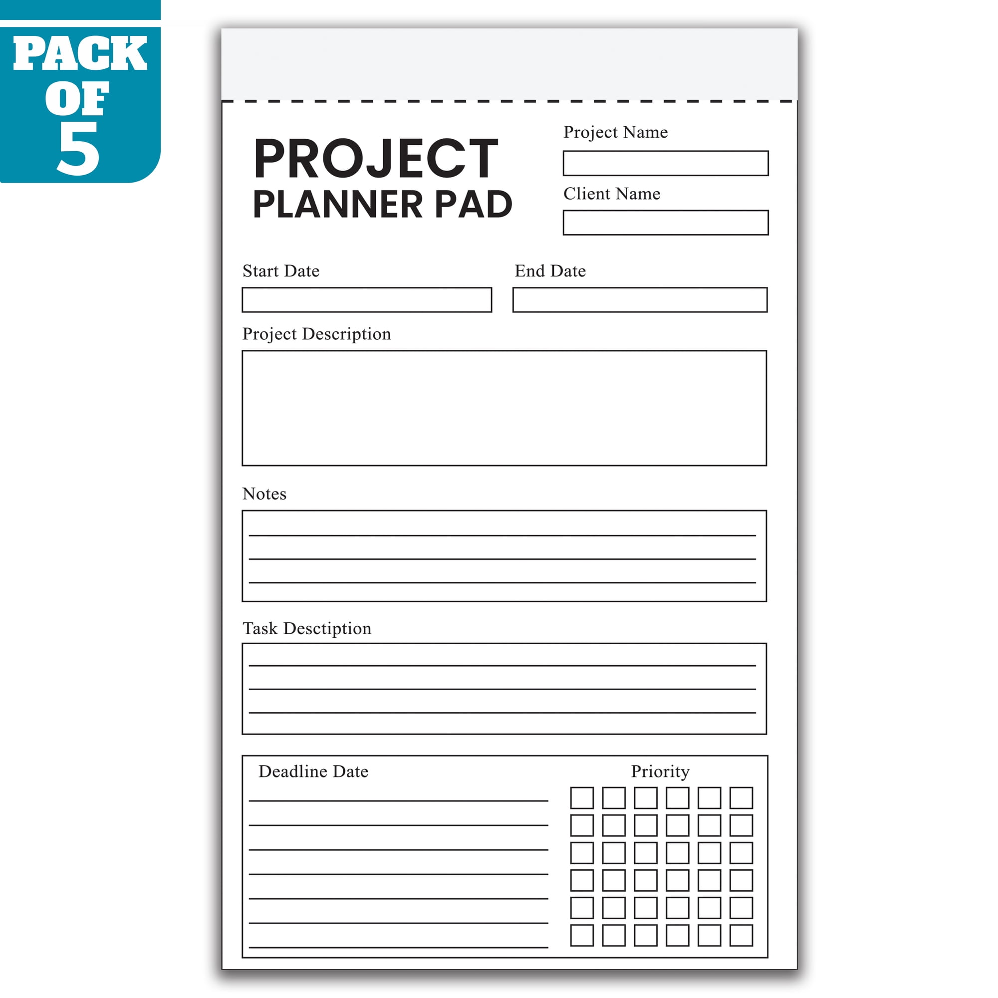 Project Planner Pad 5.5 x 8.5 Inch, Pack of 5 Project Planning Notepads, Project Management Planner, Task Organizer, Goal & Deadline Tracker, 50 Sheets Per Pad, Made in USA