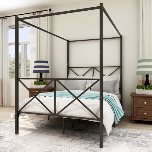Metal Canopy Bed Frame 4 Post Canopy Full Size Bed Cozy Bedroom with Headboard and Footboard Reinforced Lron Frame Bed with X Shaped Frame Full Easy