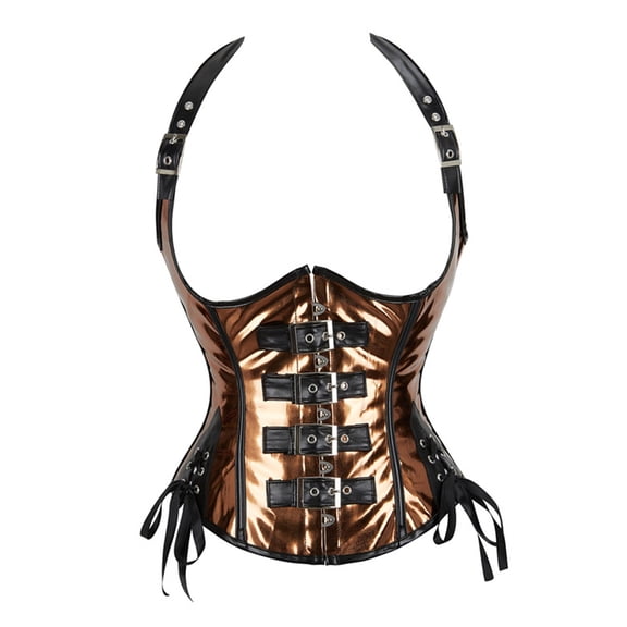 Women's Leather Halter Buckle Underbust Corset Hourglass Waist Cincher Steel Boned Shaping Bodice for Renaissance Halloween Cosplay