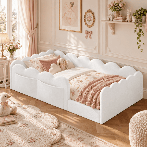 Howcool Montessori Upholstered Floor Bed with Soft Wave Guardrails,Twin Size Rabbit Plush Toddler Bed with Storage Pockets,White