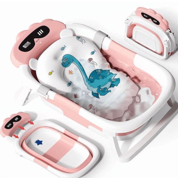 stusgo Collapsible Baby Bathtub, Plastic Dinosaur Baby Bath Tub with Soft Cushion & Thermometer(Pink)