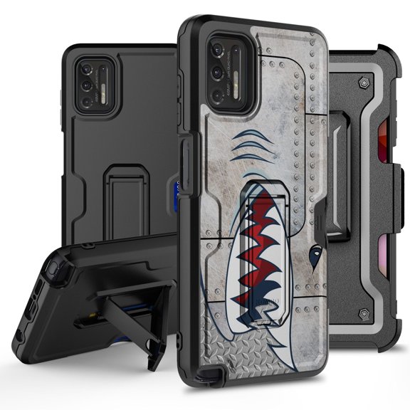 ANJ  Rugged Hybrid Shockproof Case w/Kickstand   Holster Clip Card Slot Cover for Motorola Moto G Stylus (2021 Release) - Steel Shark