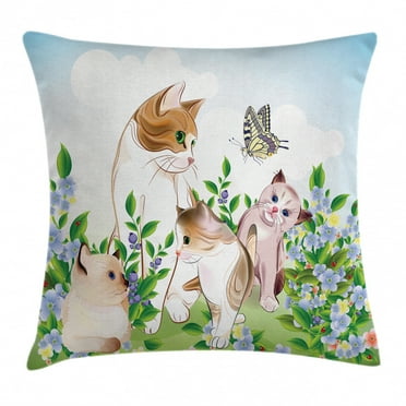 Cat Throw Pillow Cushion Cover, Cute Kittens in Flower Meadow Field Happy Cats Family with Butterfly Kids Cartoon Print, Decorative Square Accent Pillow Case, 18 X 18 Inches, Multi, by Ambesonne