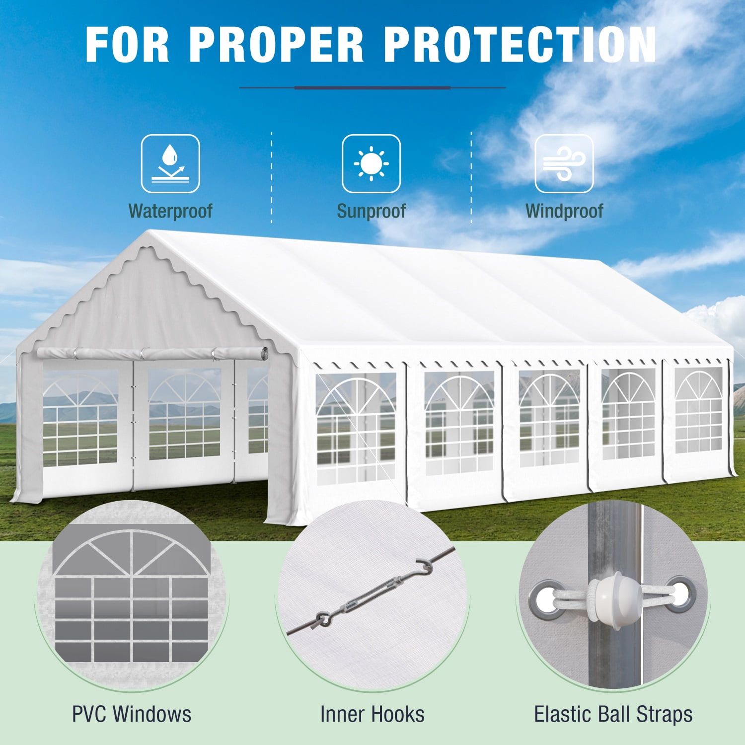 Summit Living 16’ x 32’ Party Tent with 10 Removable Sidewalls Outdoor Event Canopy Tents for Outside - White