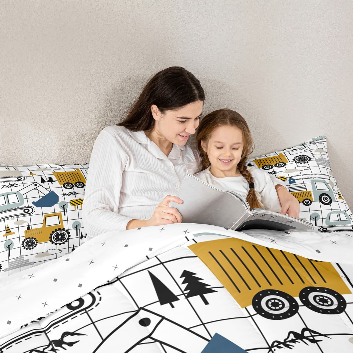 Erosebridal Construction Comforter Set Twin Size Excavator Tractor Twin Comforter Cartoon Car Equipment Trucks Plaid Grid Comforter Set Construction Vehicles White Duvet Set Quilt Set