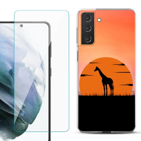 Slim-Fit TPU Fashion Phone Case for Samsung Galaxy S21 FE 5G Fan Edition, with Tempered Glass Screen Protector, by OneToughShield ® - Sunset Giraffe