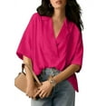 thumbnail image 1 of Blouse Décontractée Habillée pour Femmes Manches Courtes Col en V Chemise de Travail Rose Profond S, 1 of 8