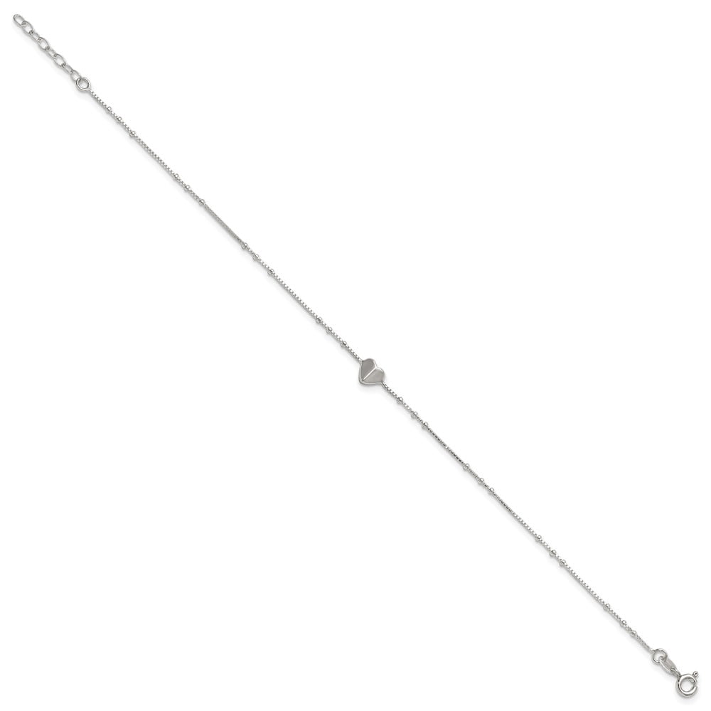 Sterling Silver Polished and Beaded Heart 9 inch with 1 inch Extension Anklet