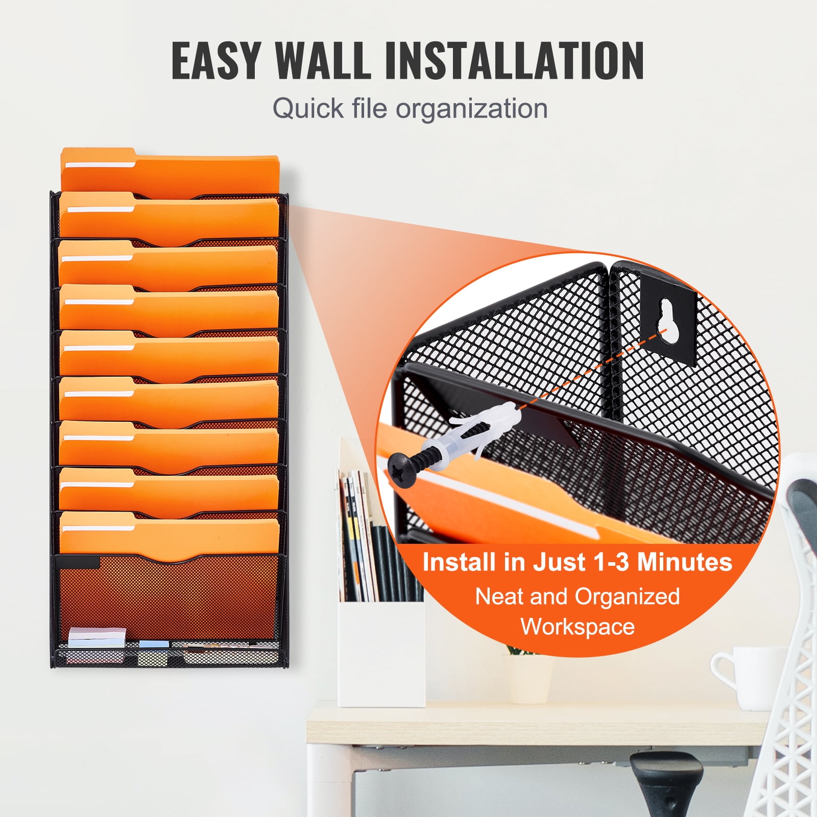 VEVOR File Wall Rack, One-Piece 10 Pockets Mesh Wall File Holder, Wall Mounted Magazine Mail Paper & Document Storage Folder, Metal Wall File Organizer with Nametag Label, for Office Home & School