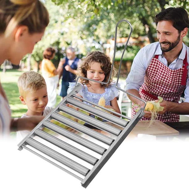 Parrilla de Acero Inoxidable para Hot Dogs con Rodillos, Capacidad para 5 Hot Dogs, Mango de Madera Extraíble, Accesorio para Barbacoa con Cocción Uniforme.