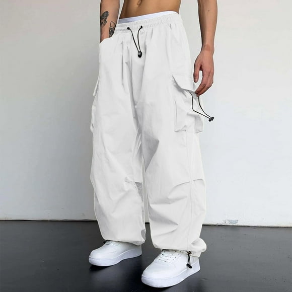 Wolfast Men's Baggy Cargo Pants Drawstring Waist Solid Hip Hop Parachute Trousers with Flap Pocket White XL