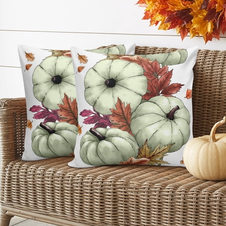 Green Pumpkin Pillow Covers 2 Pack Fall Thanksgiving Pillowcase Waterproof Outdoor Throw Pillow Cover for Patio Garden Balcony Decorative Square Cushion 18 x18