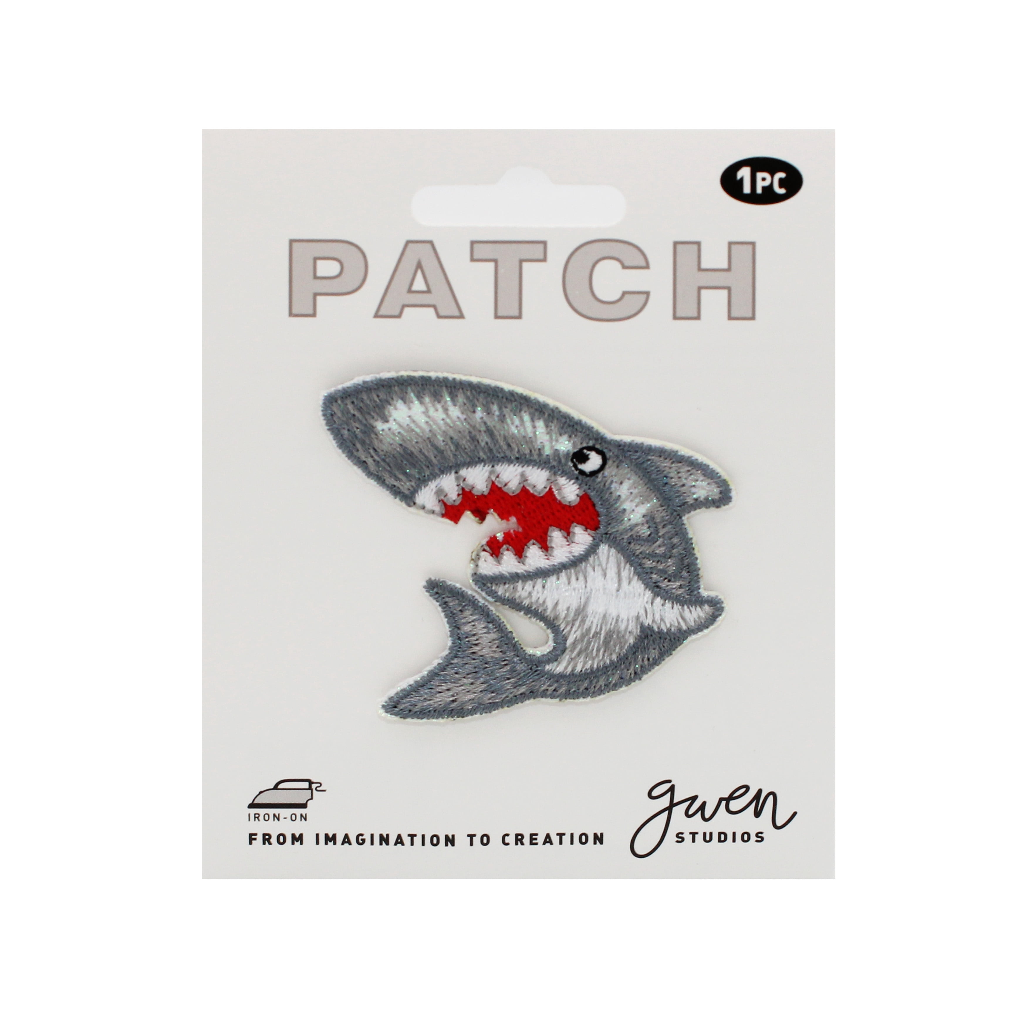 Gwen Studios Embroidered Gray Shark Iron-on Patch Applique, 2.2" x 2"