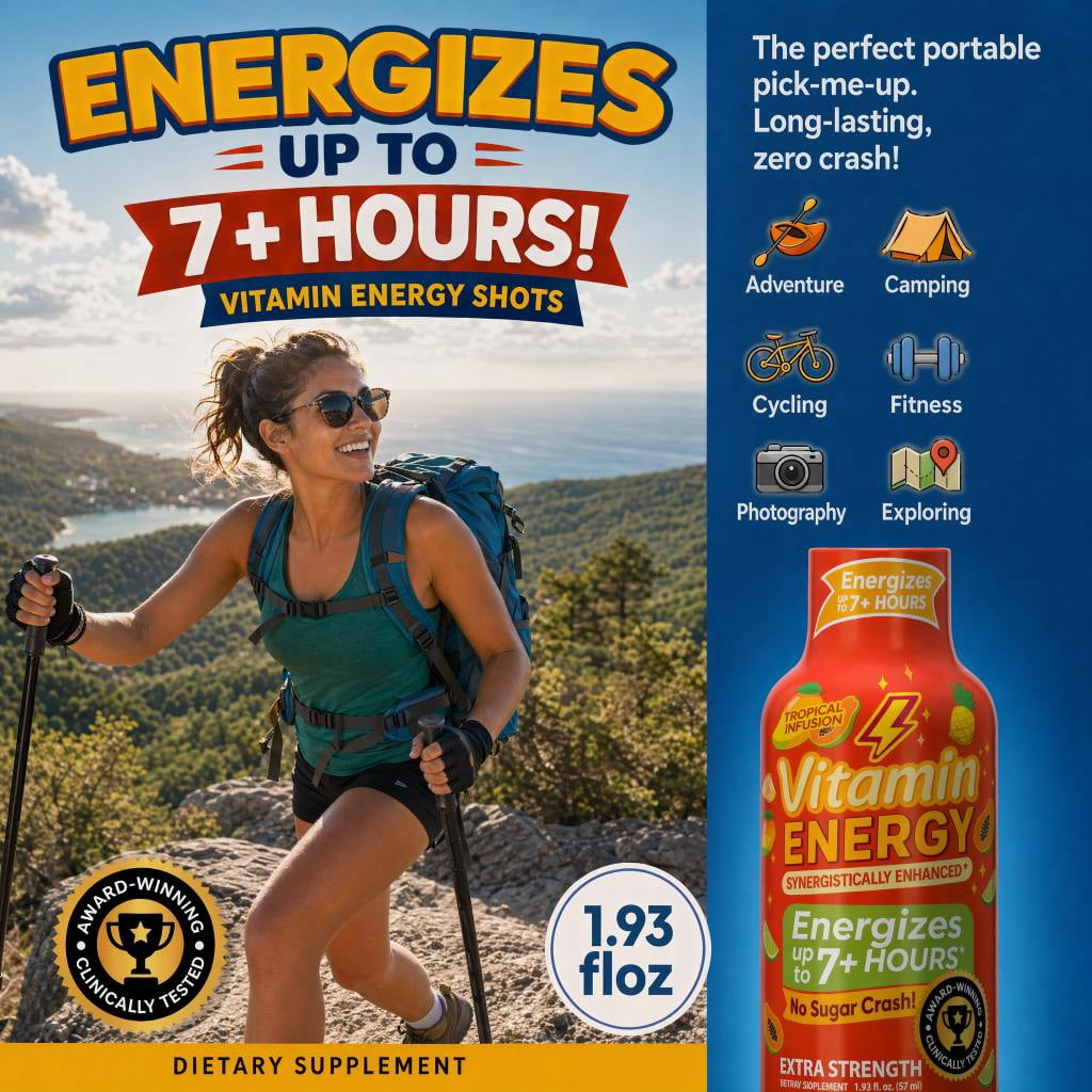 Vitamin Energy Focus+ Extra Strength Shot, Tropical Infusion, 48 Pack – 260mg Natural Caffeine, CoQ10 & B-Vitamins, Zero Sugar, 1.93 fl oz