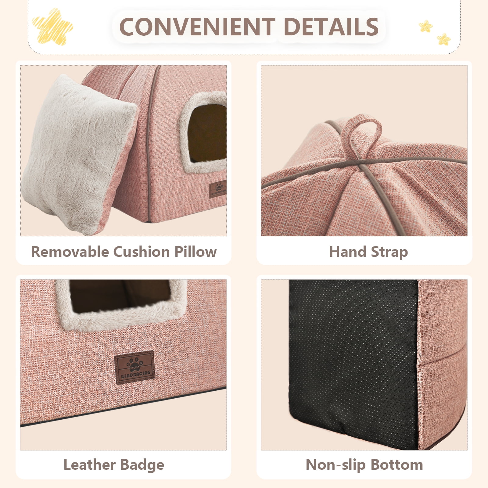 WINDRACING Cat Bed for Indoor Cats, Pink Cat Cave Tent with Washable Cushion Non-Slip Bottom for Kittens Puppy