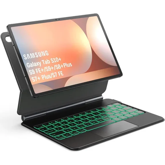 Keyboard Case for Samsung Galaxy Tab S10 Plus S9 Plus S9 FE Plus S8 Plus S7 Plus S7 FE 12.4 inch Magic Floating Cantilever Magnetic Stand, 3-Level 7 Color Backlit & Built-in Trackpad