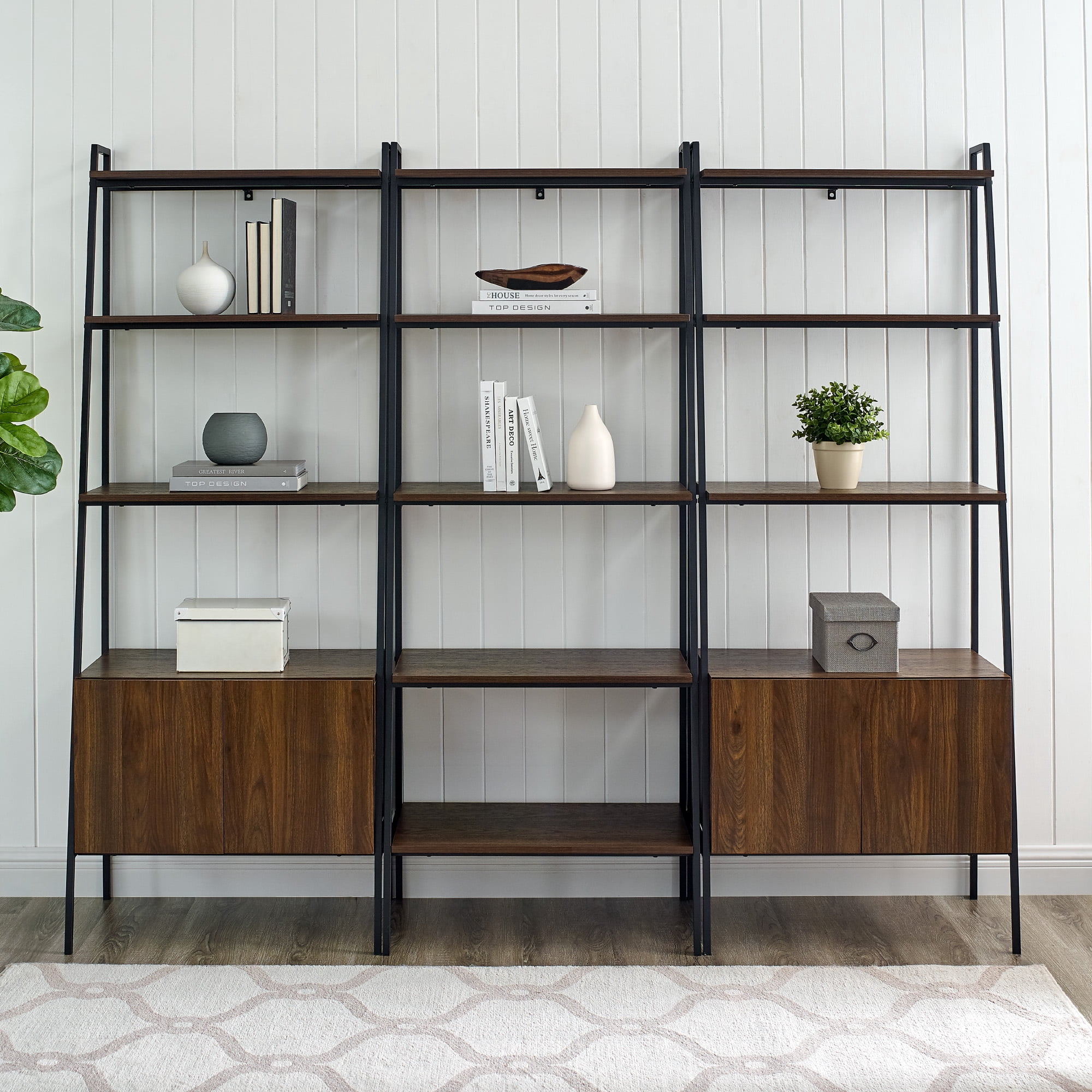 Walker Edison Modern 3 Piece Ladder Bookshelf Set, Dark Walnut