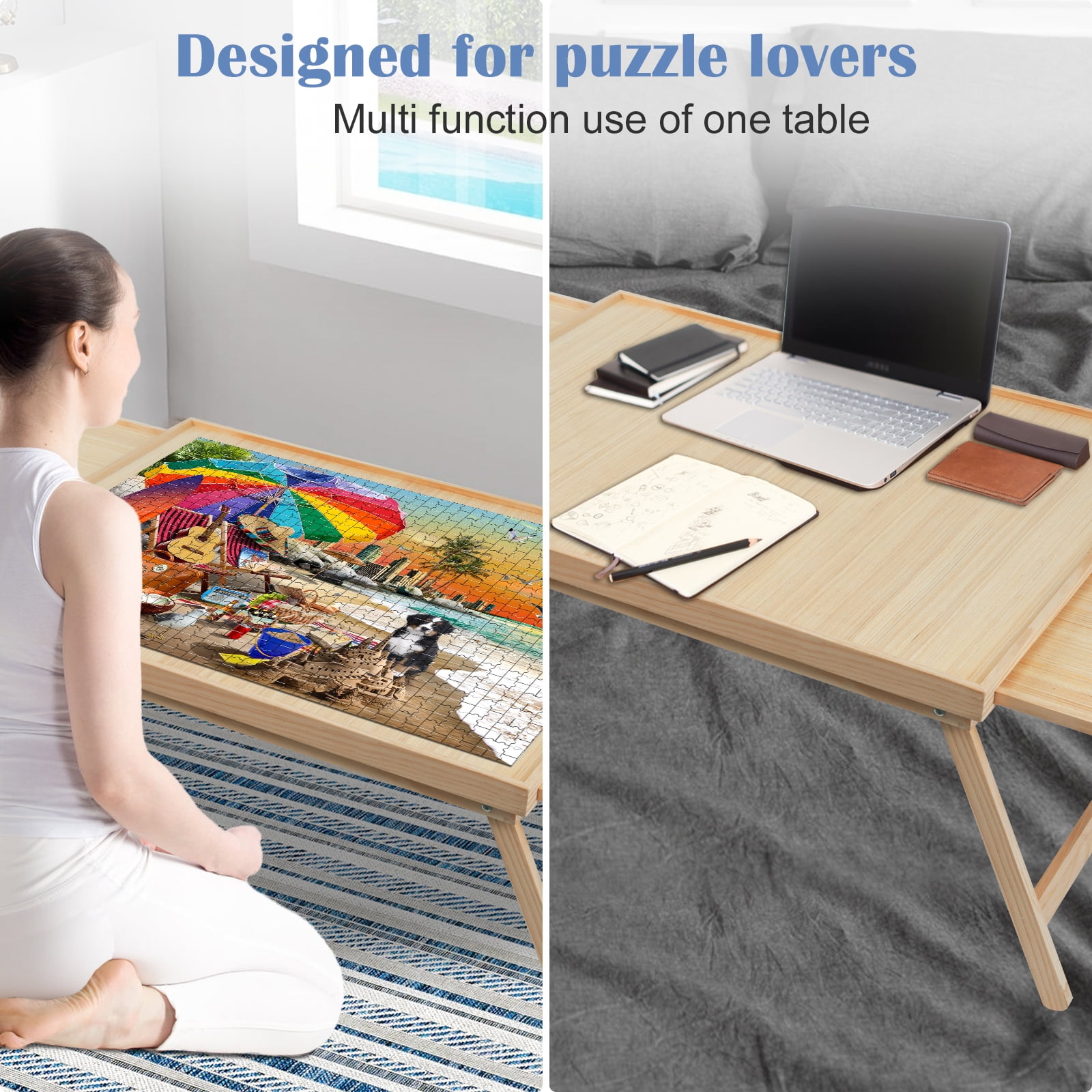 1500 Piece Puzzle Table with Folding Legs and 4 Sliding Drawers,34" x 26" Wooden Jigsaw Puzzle Board with Protective Coverfor Adults