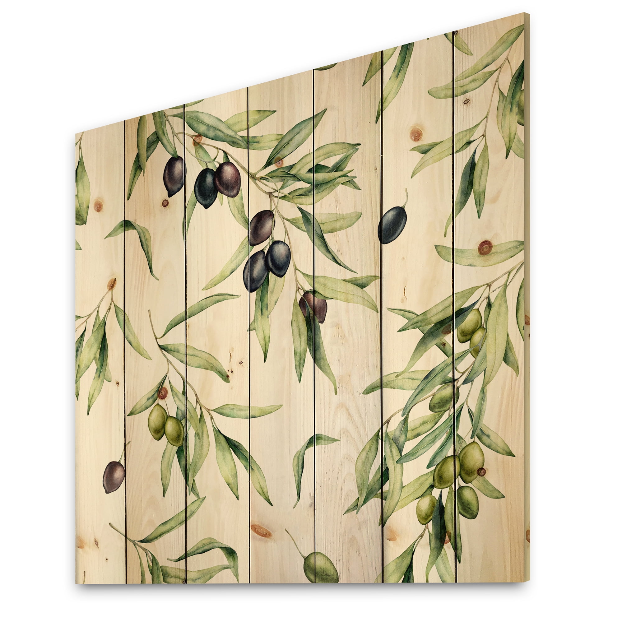 Designart 'Black and Green Olives With Olive Branches & Leaves' Lake House Print on Natural Pine Wood
