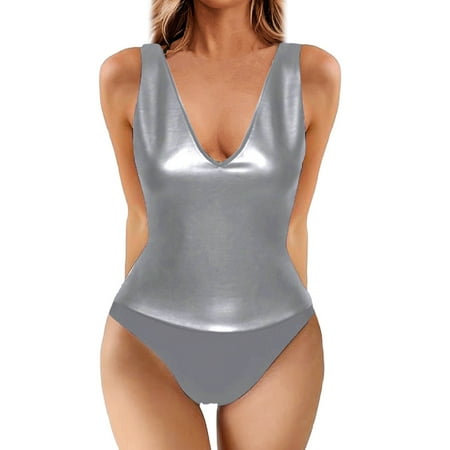 Blphud Women s Swimsuit One Piece High Waist Thong Bikini Jumpsuit Sexy Vest V Neck Sleeveless Vintage Woman Bikini Adult Bikini Sexy Swimsuit for Women Grey L