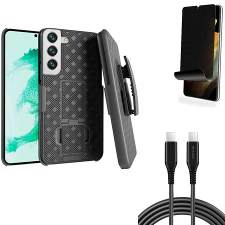 Case Belt Clip & 6ft Long USB-C Cable & Privacy Screen Protector for Samsung Galaxy S22 Plus (S22+) - Combo Holster Swivel Cover & PD Fast Charger Cord Power Wire & TPU Film (Fingerprint Works)