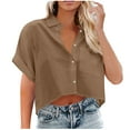 thumbnail image 2 of Qetyuw Womens Button Down Cropped Shirts Elegant Rolled Short Sleeve Tshirts Casual Solid Lapel Blouses with Chest Pocket Basic Lightweight Baggy Tops, 2 of 7