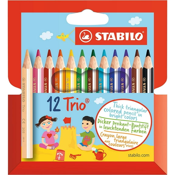 STABILO Trio Thick Coloring Pencils - Short Half Size - Mixed Colours - Pack of 12 - 205/12-01