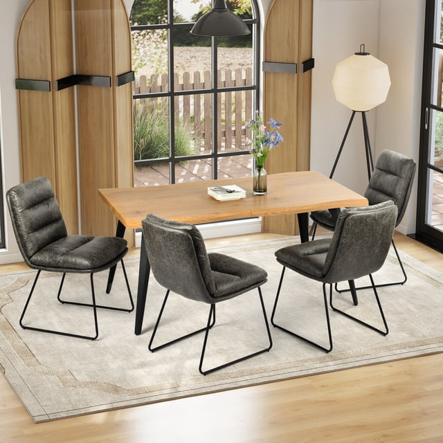 Homy Casa 63 inch Industrial Dining Set for 4, Faux Wood Table Faux Leather Chairs