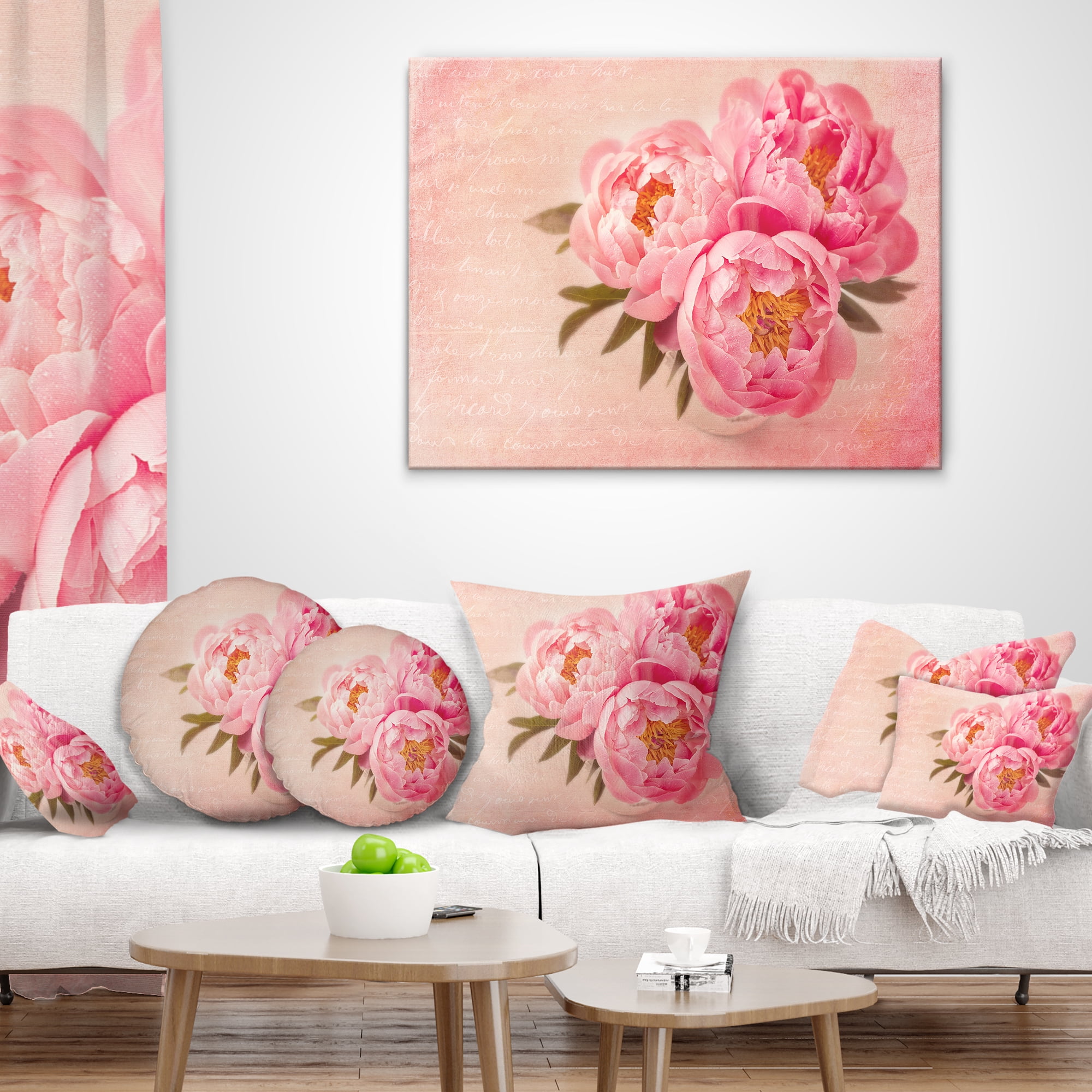 Designart Peony Flowers against Scribbled Back - Floral Throw Pillow - 16x16