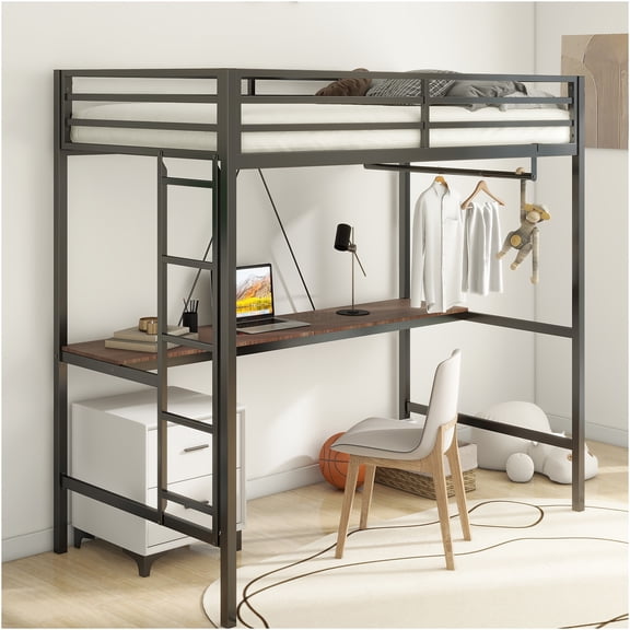 JERFIT Twin Loft Bed with Desk, Closet Rod, Ladder, Guardrails, Black