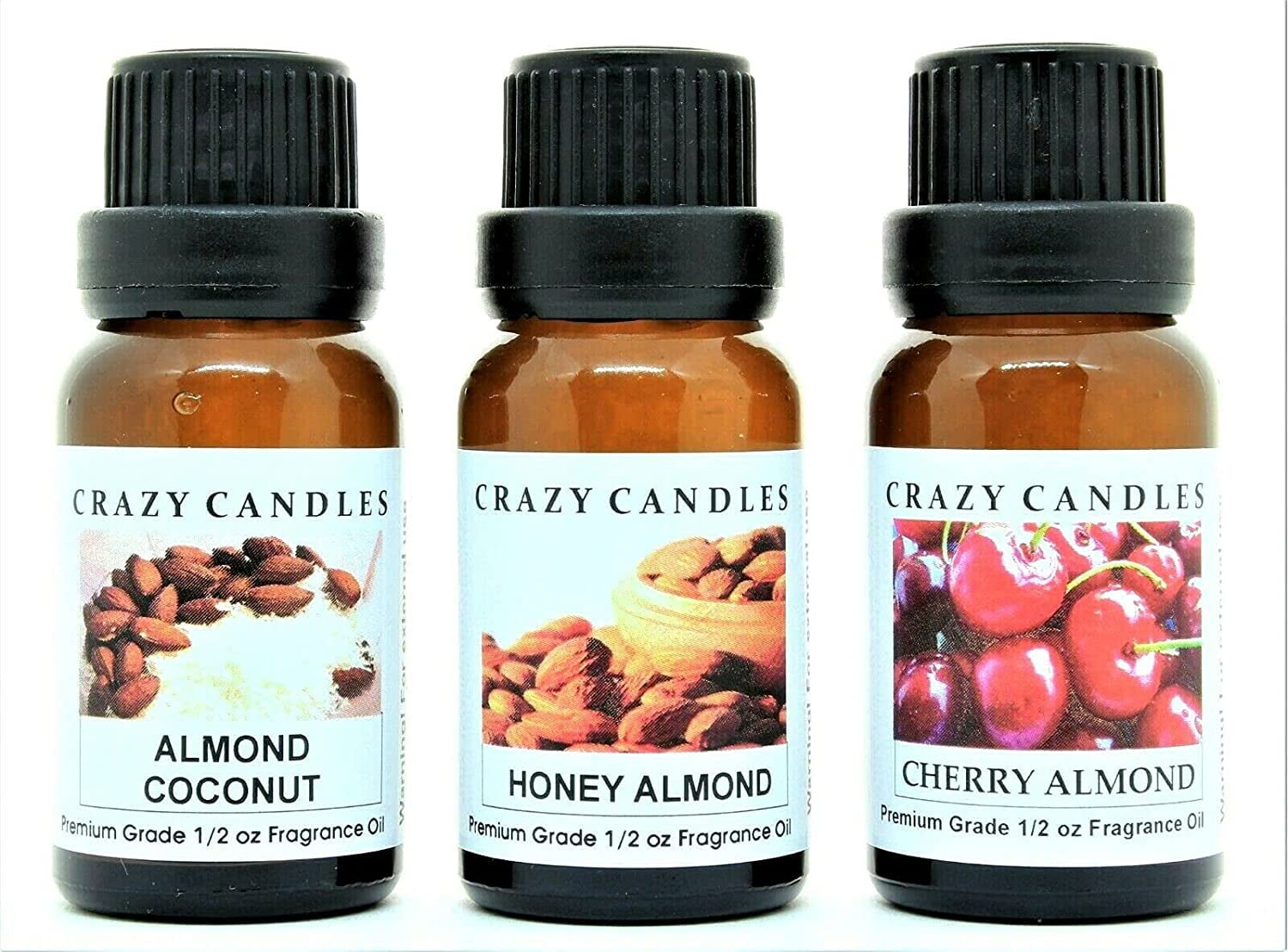 Crazy Candles 3 Bottle Set (Made in USA) 1 Almond Coconut, 1 Cherry Almond, 1 Honey Almond 1/2 fl oz Each (15ml) Premium Grade Scented Fragrance Oils