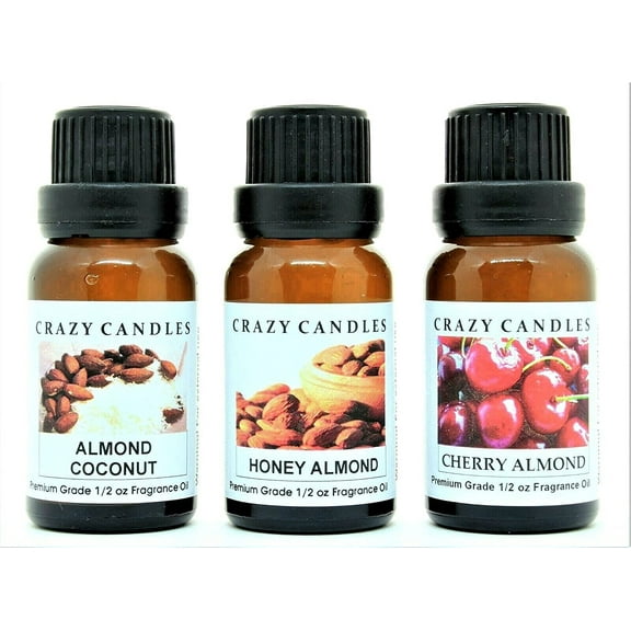 Crazy Candles 3 Bottle Set (Made in USA) 1 Almond Coconut, 1 Cherry Almond, 1 Honey Almond 1/2 fl oz Each (15ml) Premium Grade Scented Fragrance Oils