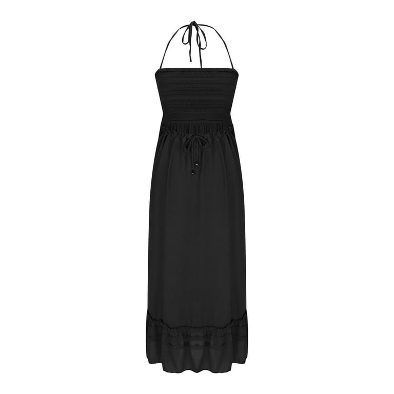 SMihono Boho Dresses for Women 2025 Flowy Spaghetti Strap Backless Ruffle  Hem Long Maxi Dress Beach Vacation Clothes Sundress Black S - Walmart.com