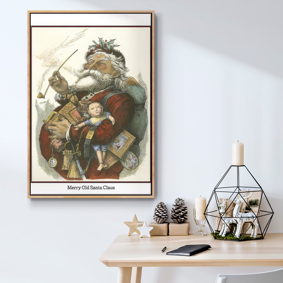 Merry Santa - Framed Gallery Wrapped Holiday Canvas - 17 x 25 - Natural Wood Frame
