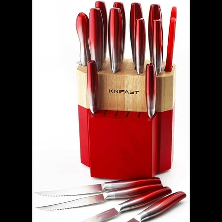 

Knife Set with Knife Block 17-Piece Full Tang Kitchen Knife Set with German Wooden Block Stainless Steel Cutlery with Knife Sharpener and 6 Meat Knives (Red)