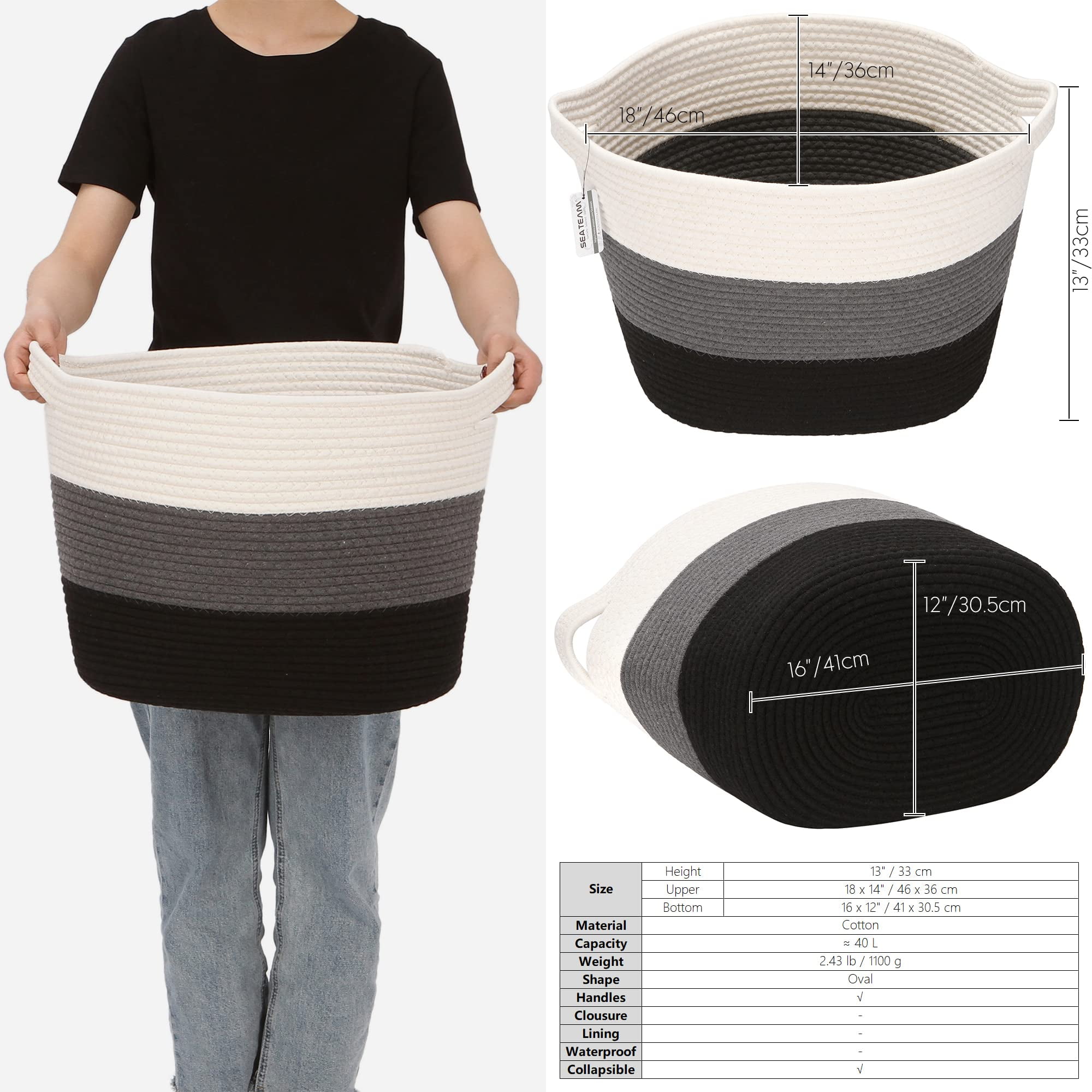 Sea Team Oval Cotton Rope Woven Storage Basket with Handles, 16 x 13 inches, White & Black