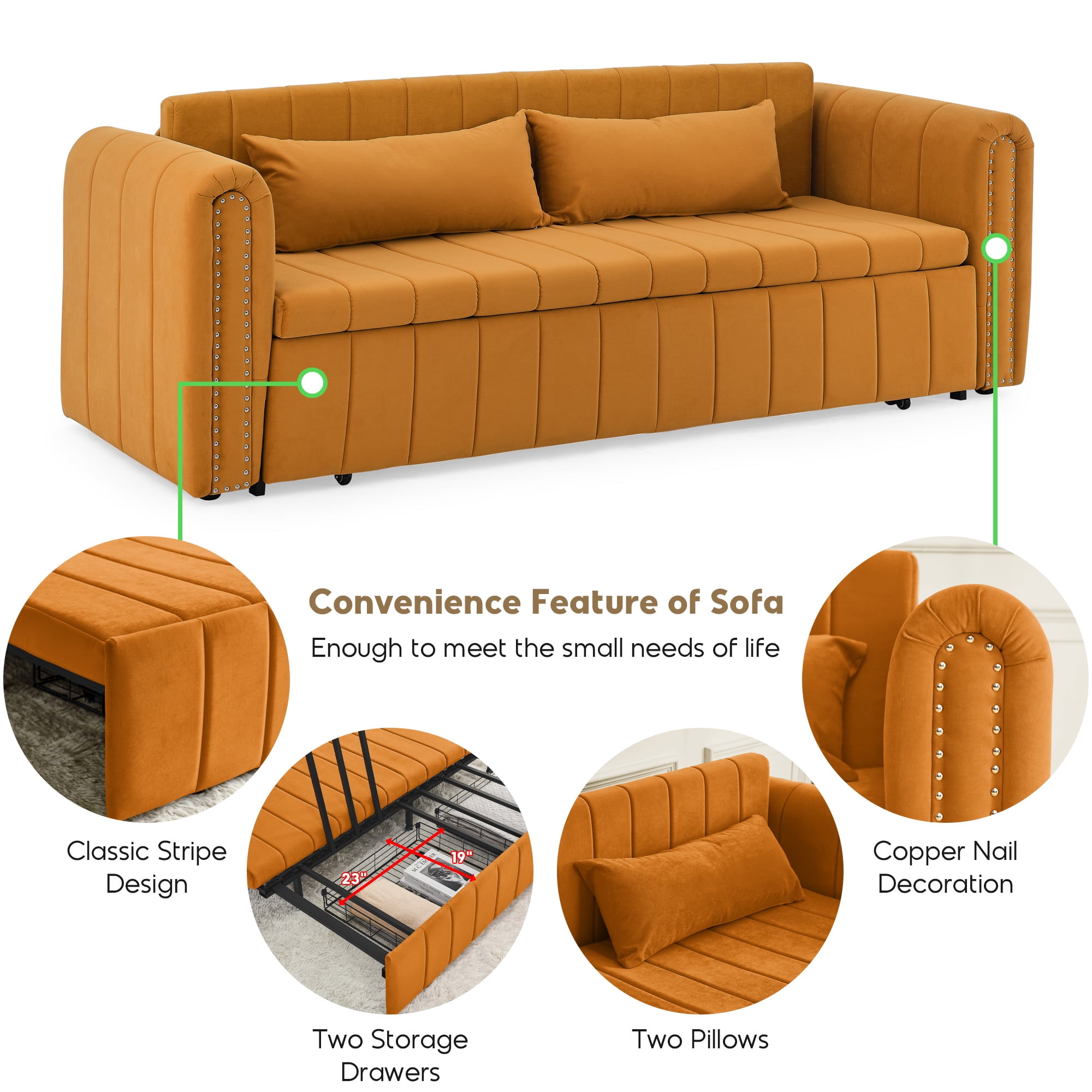 Aukfa 82" Pull Out Couch, Convertible 3 In 1 Sleeper Sofa Bed with Two Drawers, 3 Seater Sofa, Orange
