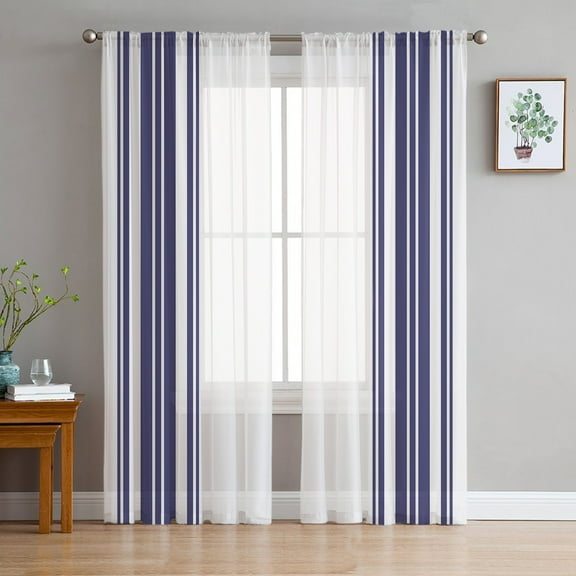 Navy Blue Striped Semi Sheer Curtains 72 Inch Length 2 Panels Set,Modern White Striped Abstract Art Aesthetics Sheer Kitchen Curtain Privacy Voile Window Curtain for Living Room Rod Pocket Drapes
