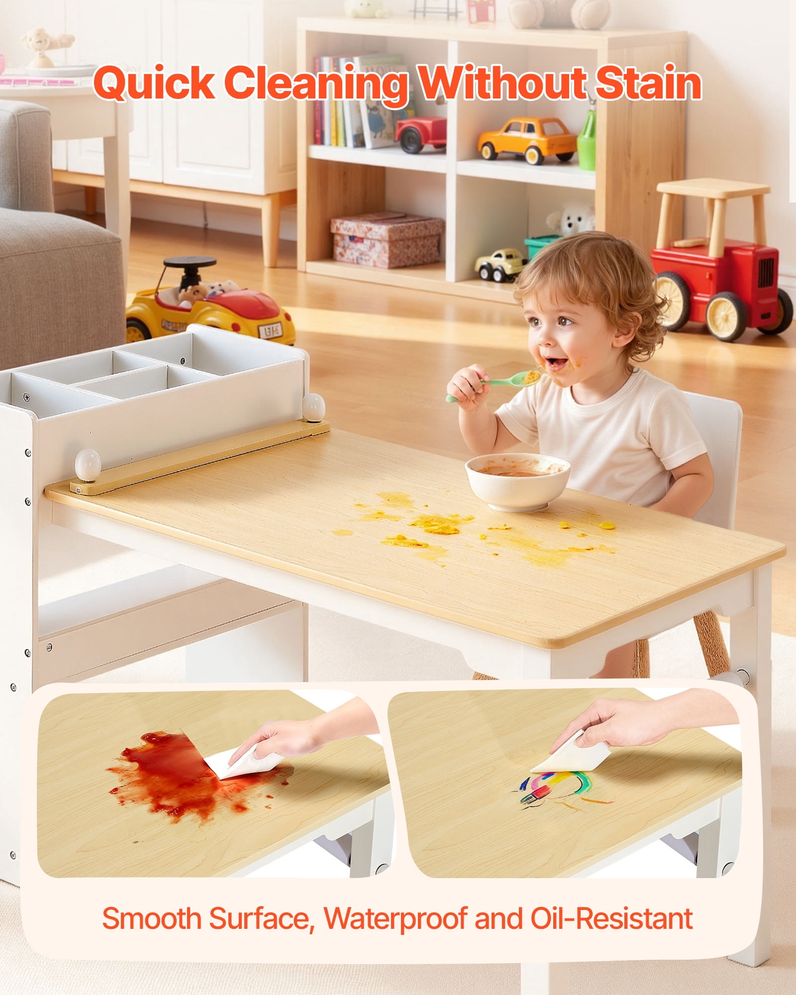VEVOR Kids Art Table and Chair Set, Toddler Craft Table with 3 Tiers Storage Cabinet, Wooden Kids Activity Play Desk with 2 Chairs, Art Craft Play Desk for Reading, Learning, Drawing, Writing, White