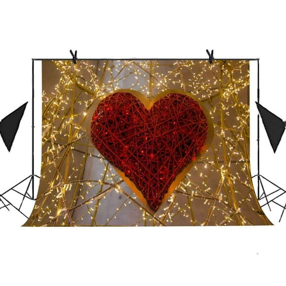 GreenDecor 7x5ft Romantic Photography Backdrop Shiny Red Heart Glowing Bamboo Picture Wedding Photography Kiosk Party Background